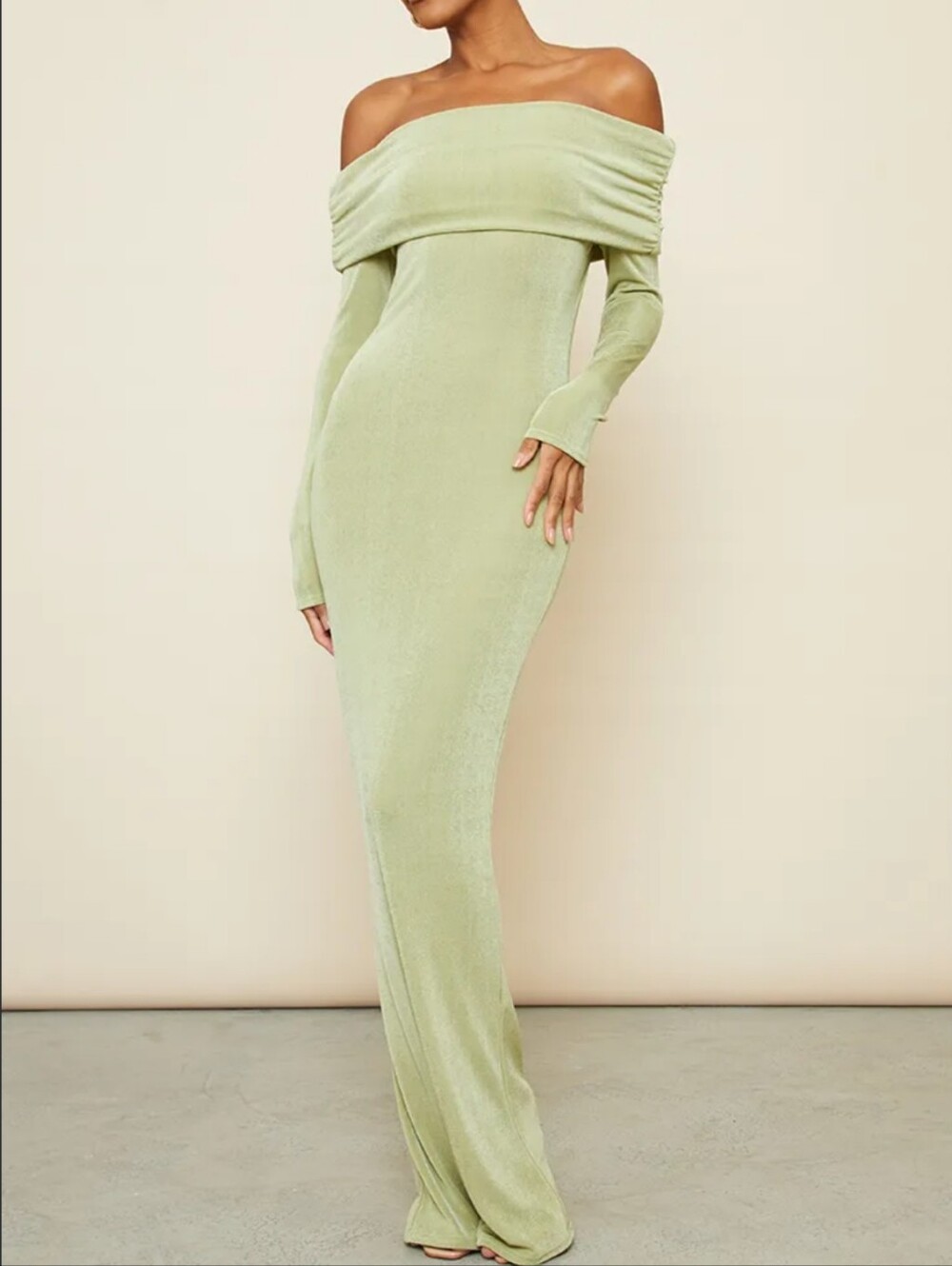PrettyLittleThing Acetate Slinky Bardot Long Sleeve Maxi Dress Sage Off Shoulder